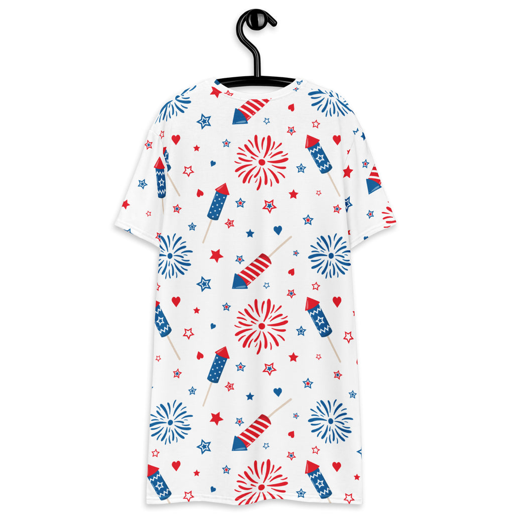 White short-sleeved women’s patriotic fireworks t-shirt dress with red and blue fireworks, stars, and hearts pattern