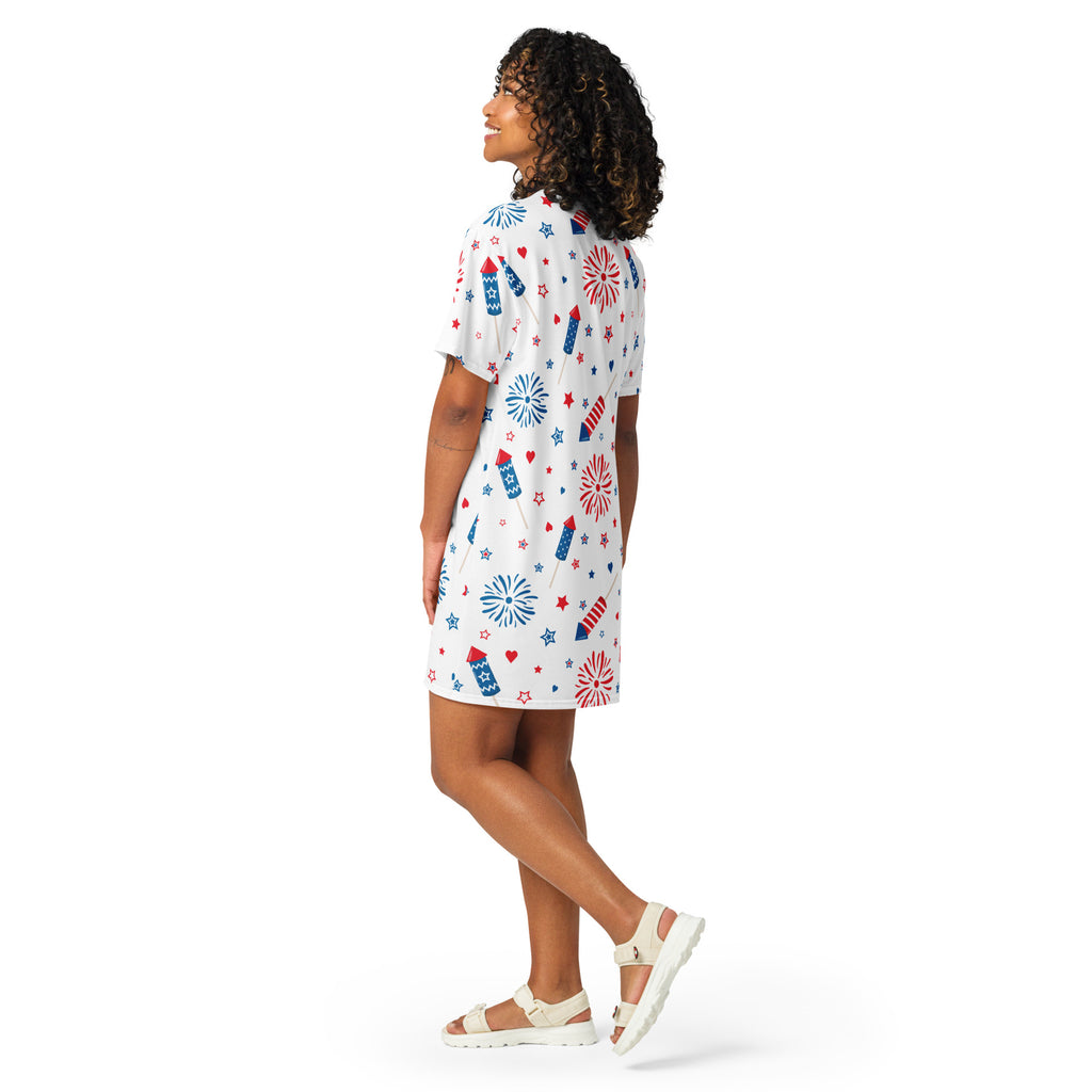 White women’s short-sleeved t-shirt dress with red blue and white fireworks and star patterns for patriotic wear