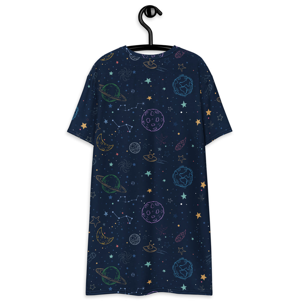 A navy blue short-sleeved women’s colorful galaxy space t-shirt dress with pastel planets stars moons and constellations print