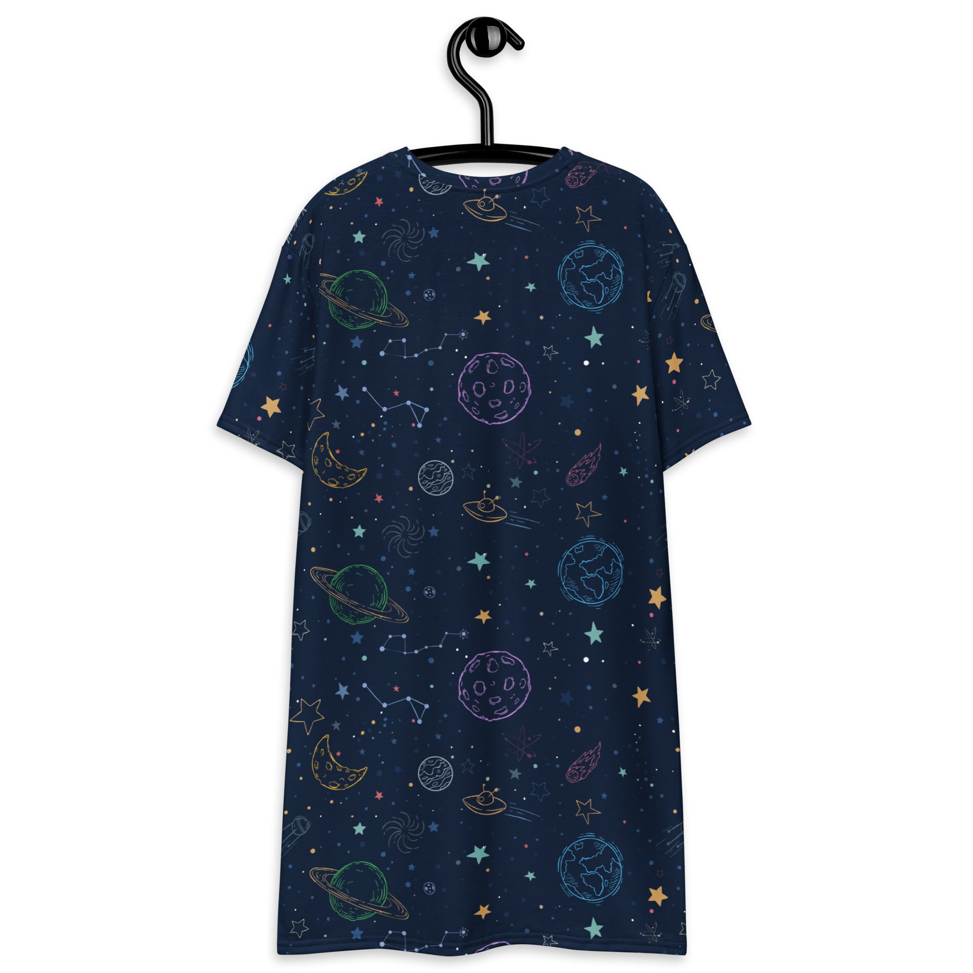 A navy blue short-sleeved women’s colorful galaxy space t-shirt dress with pastel planets stars moons and constellations print