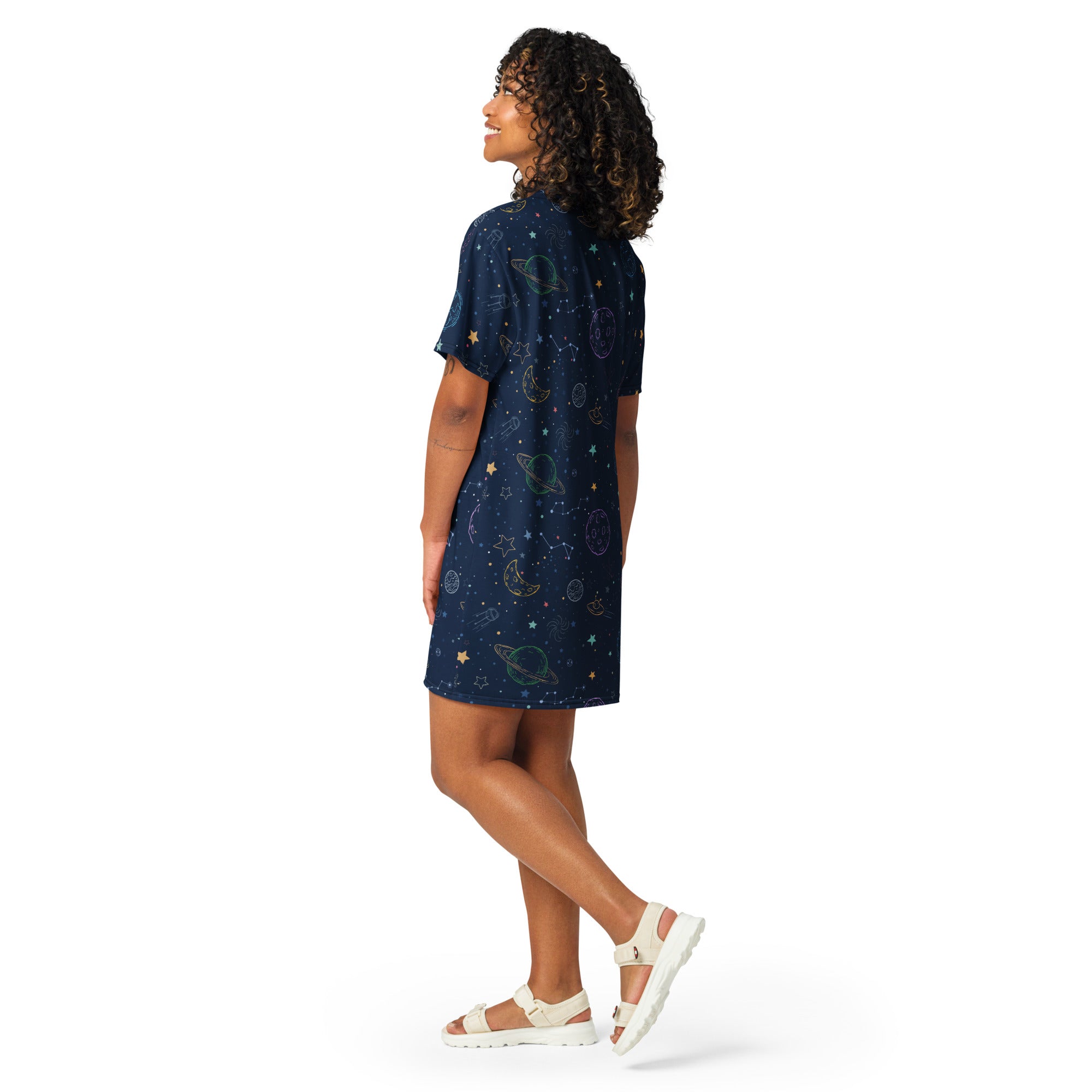 A navy blue short-sleeved dress with a colorful galaxy space pattern of gold and light green planets stars and moons