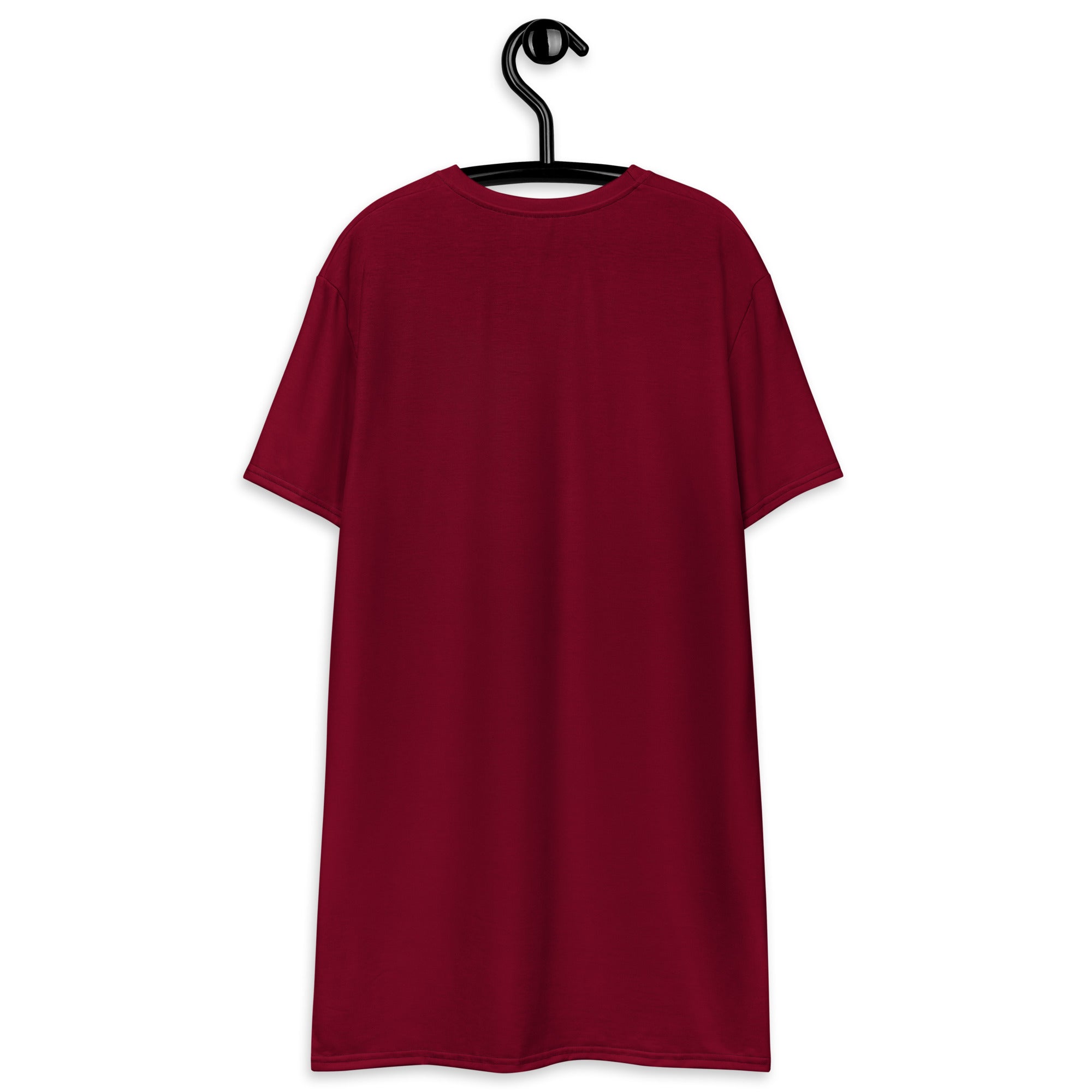 A women’s burgundy t-shirt dress with a solid maroon short-sleeved crew neck hanging on a black hanger