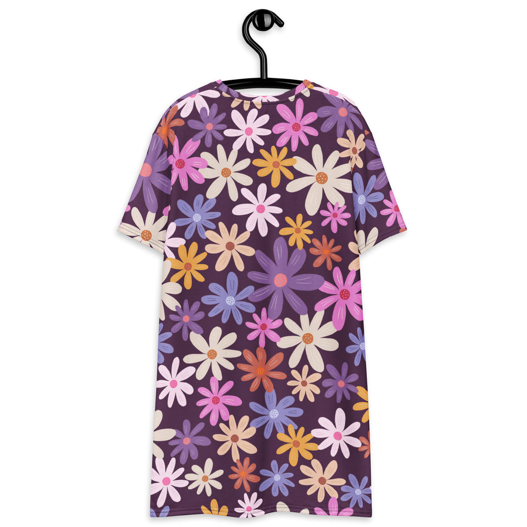 Women’s retro floral t-shirt dress in vibrant purple with multicolored daisy print and short sleeves