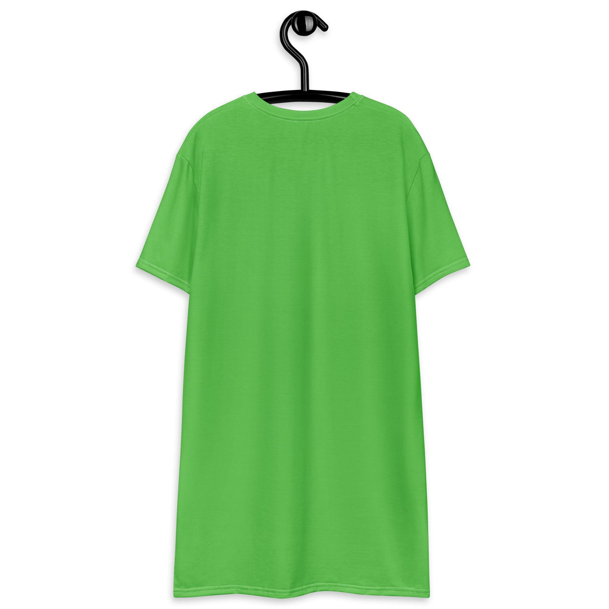Women’s bright green short-sleeved t-shirt dress hanging on black hanger made of soft cotton fabric