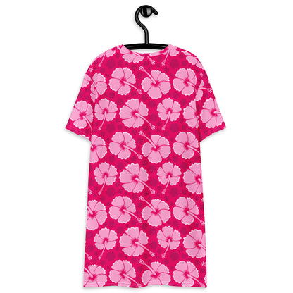 Women's Tropical Pink Hibiscus T-Shirt Dress