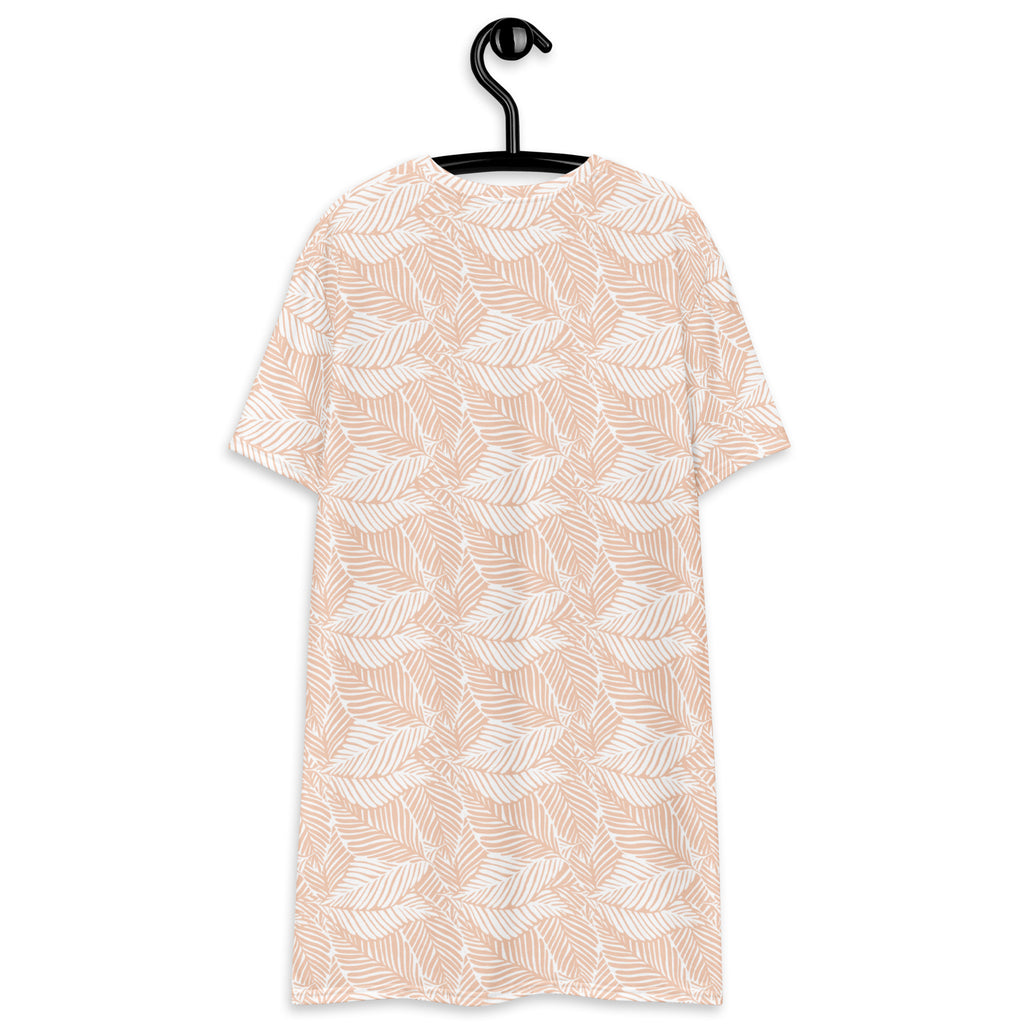 Women’s beige palm leaf t-shirt dress in soft blush with delicate white and beige leaf outline pattern