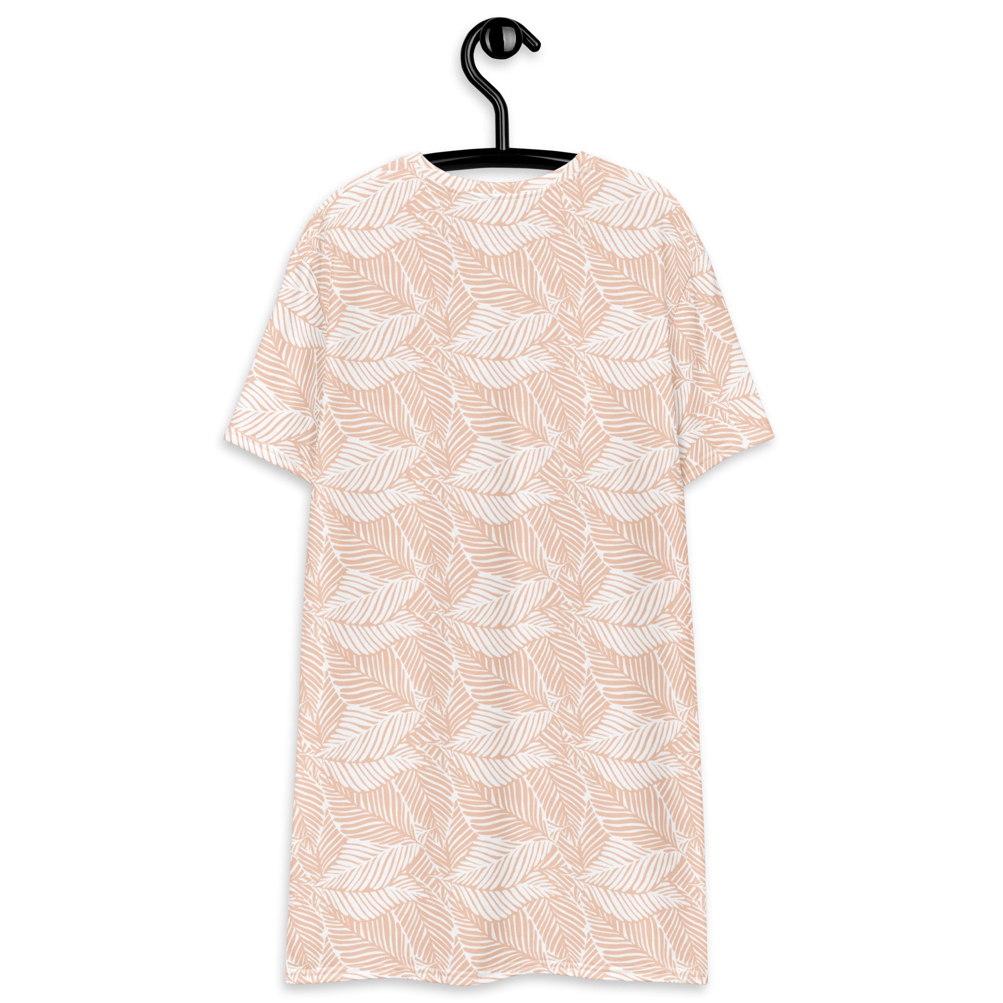 Women’s beige palm leaf t-shirt dress in soft blush with delicate white and beige leaf outline pattern