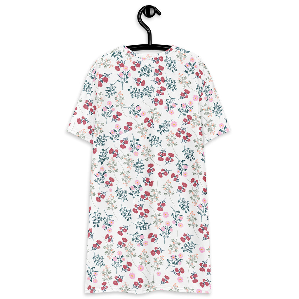 Women’s white floral t-shirt dress with short sleeves featuring pink and red flowers with green foliage pattern