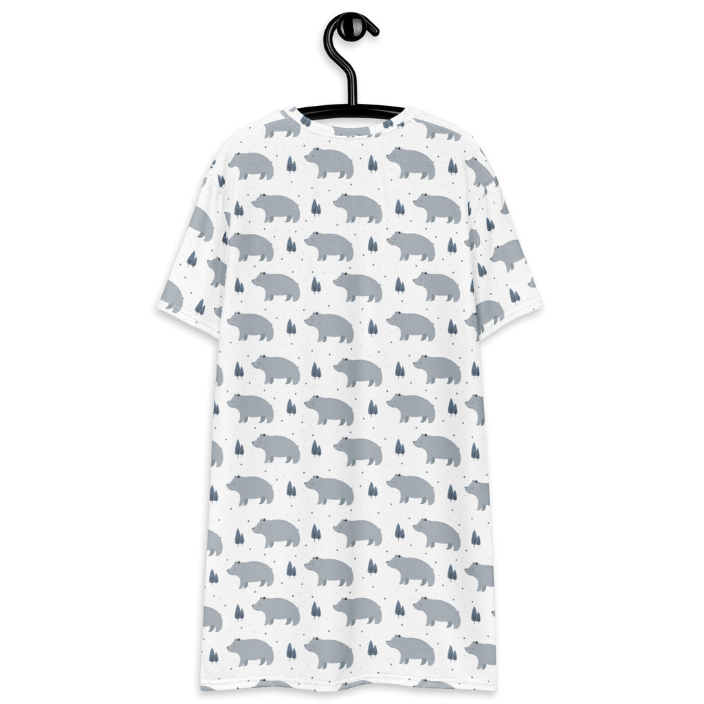 White bear print t-shirt dress featuring a repeating pattern of gray bears and trees on a soft fabric