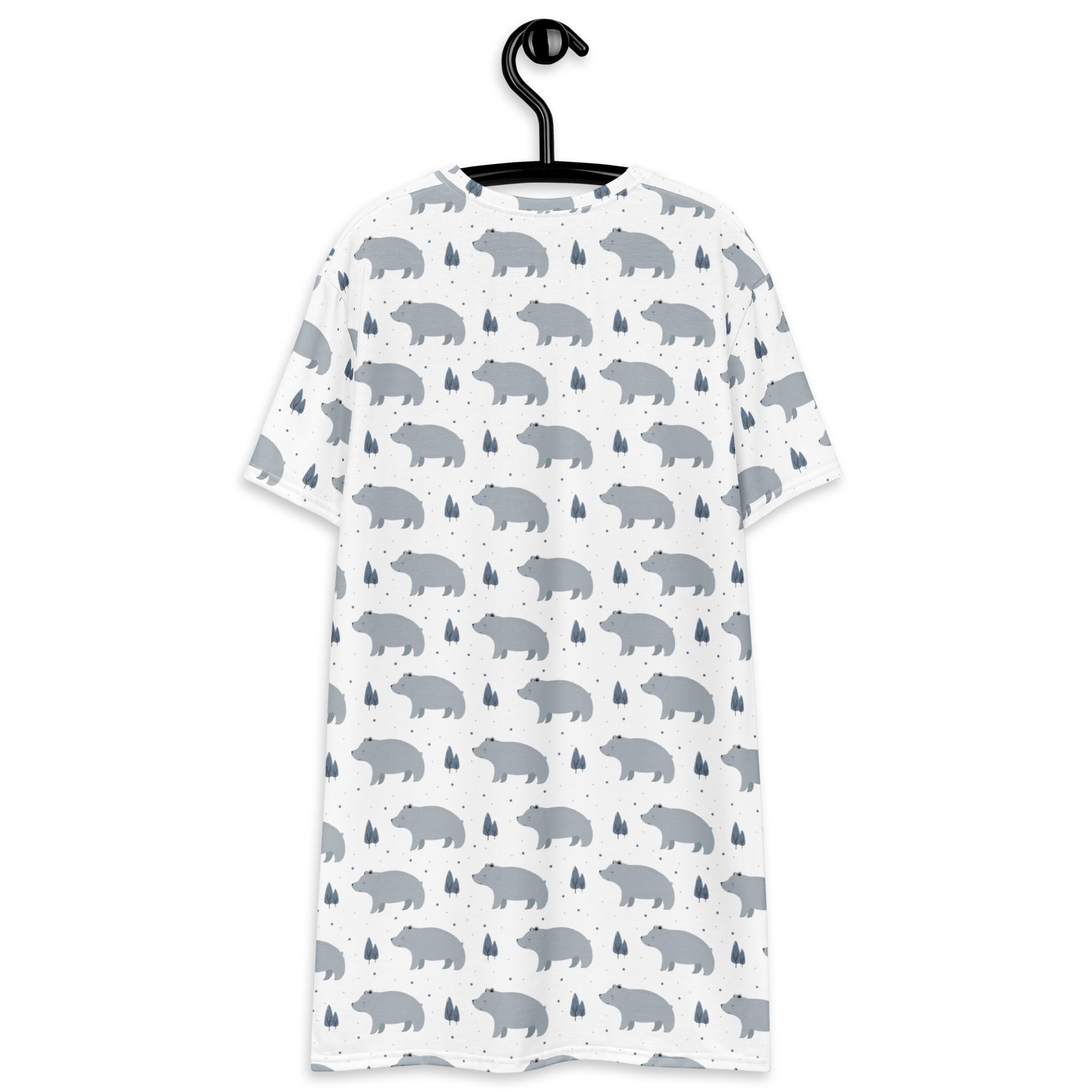 White bear print t-shirt dress featuring a repeating pattern of gray bears and trees on a soft fabric