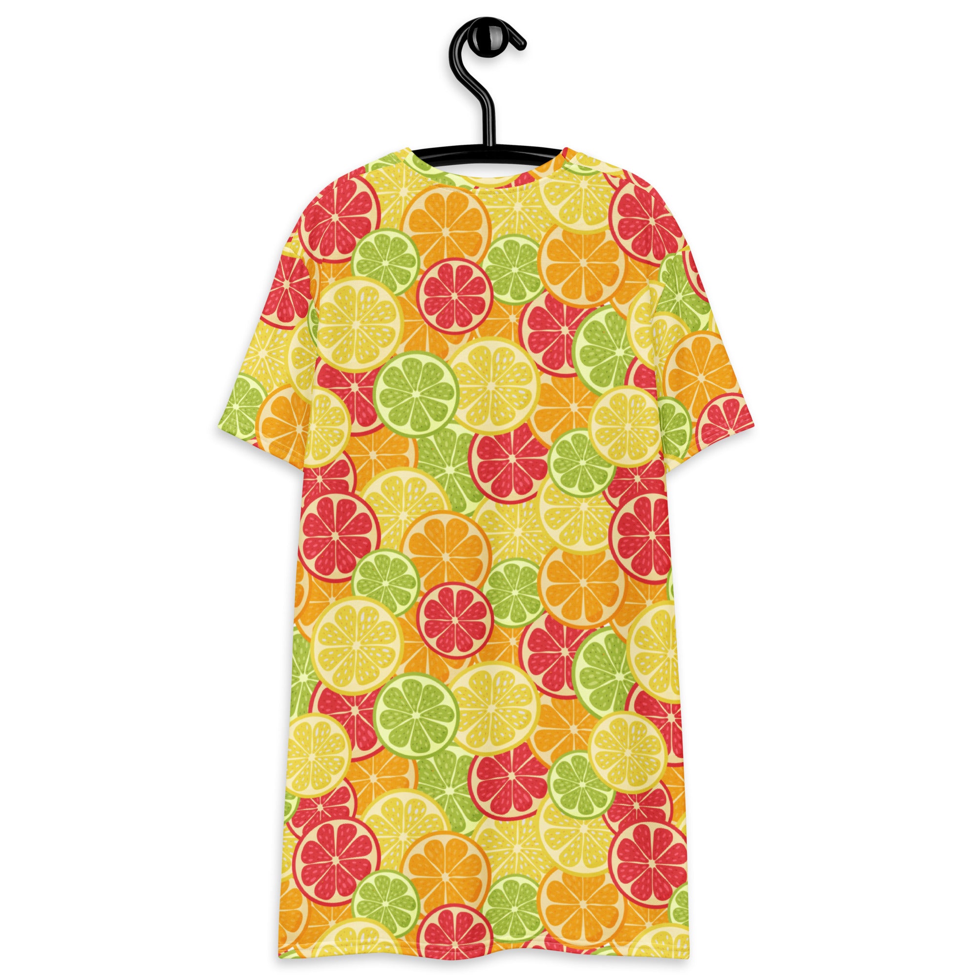 Women’s citrus fruit t-shirt dress with vibrant sliced oranges lemons limes and grapefruits on sunny yellow background