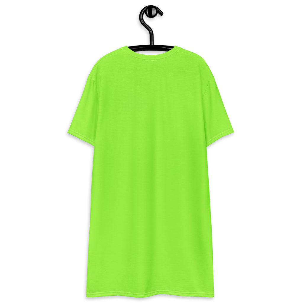 Women’s lime green short-sleeved t-shirt dress in bright neon green hanging on a black hanger