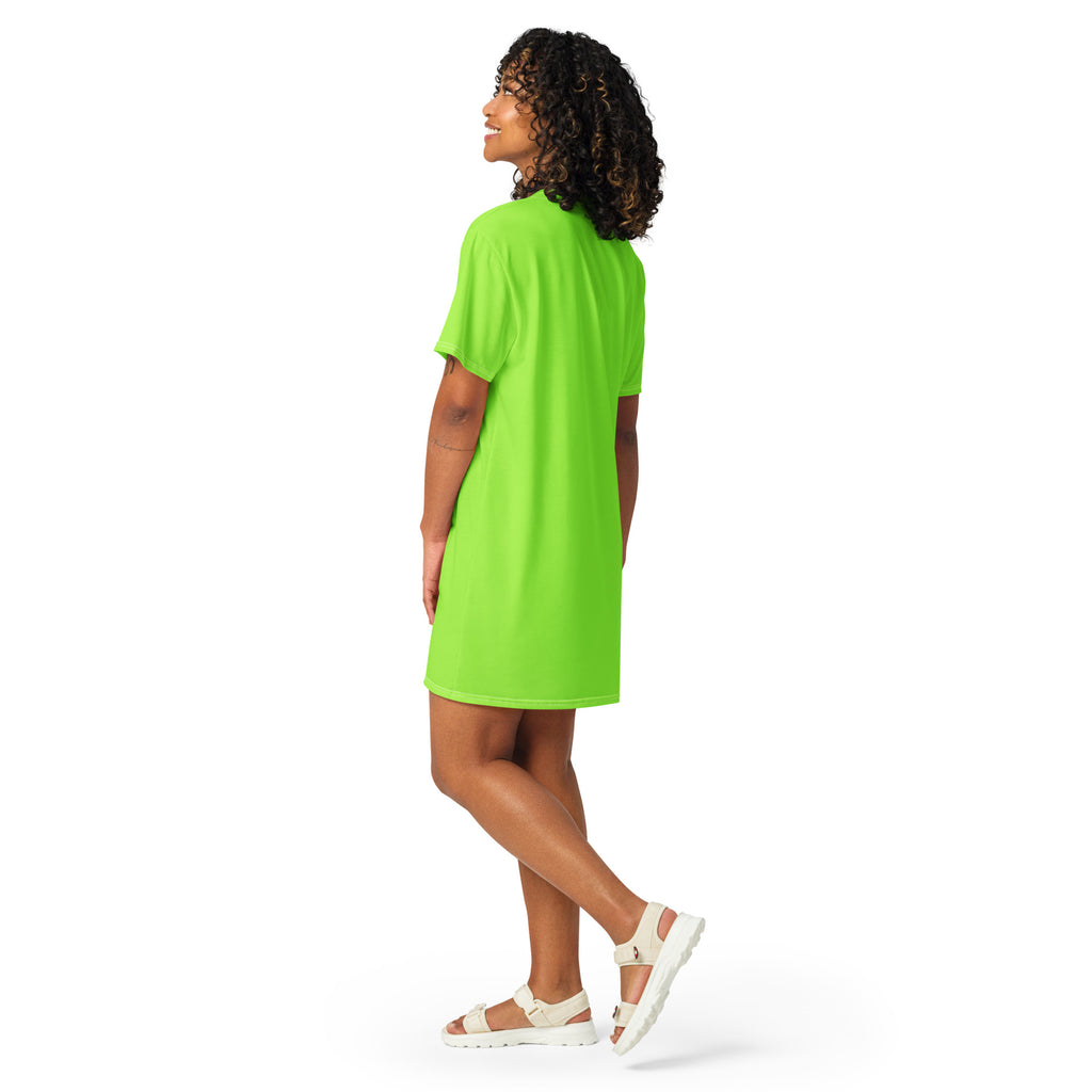 A women’s lime green t-shirt dress in vibrant neon green with short sleeves and a relaxed fit simple design