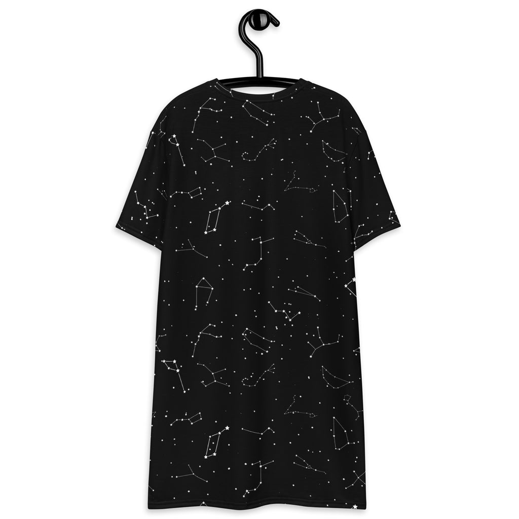 Black short-sleeved nightgown with white realistic constellation print for women featuring a comfortable t-shirt dress style