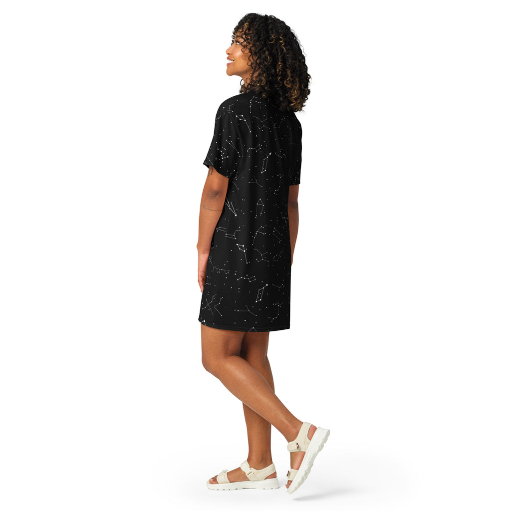 Women’s black short-sleeved t-shirt dress with realistic celestial constellation print for casual wear
