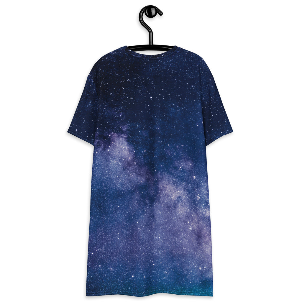 Navy blue women’s short-sleeved t-shirt dress with realistic galaxy print in purple white and teal shades