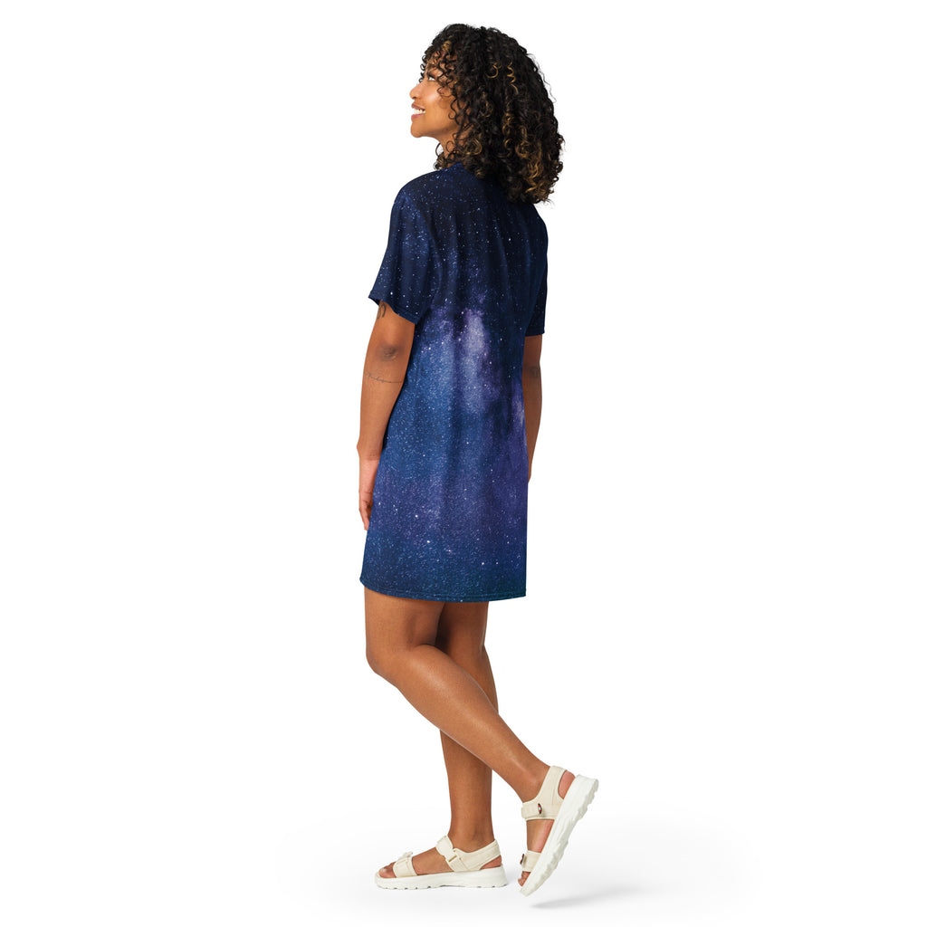 Women’s realistic galaxy t-shirt dress in navy blue with short sleeves and a subtle gradient starry design