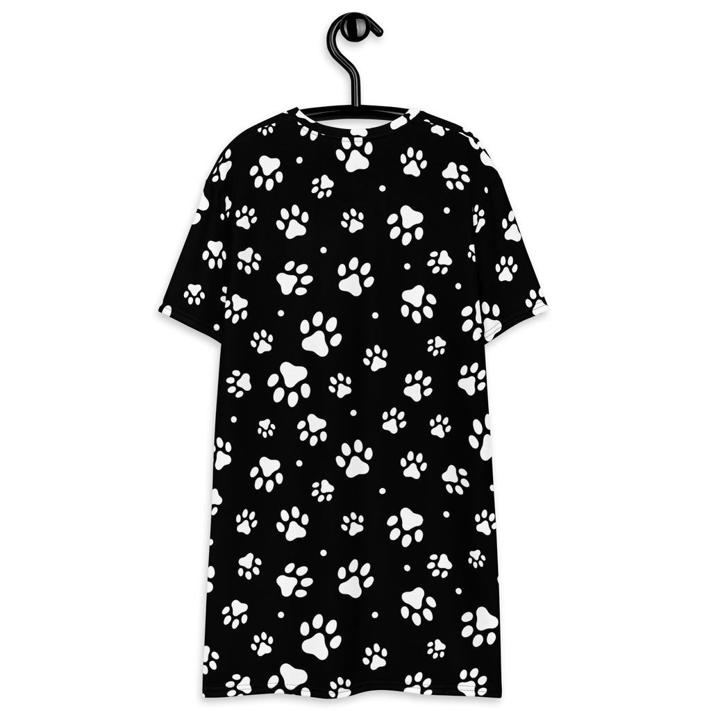 Women’s black short-sleeved t-shirt dress with playful white paw print pattern perfect for casual wear