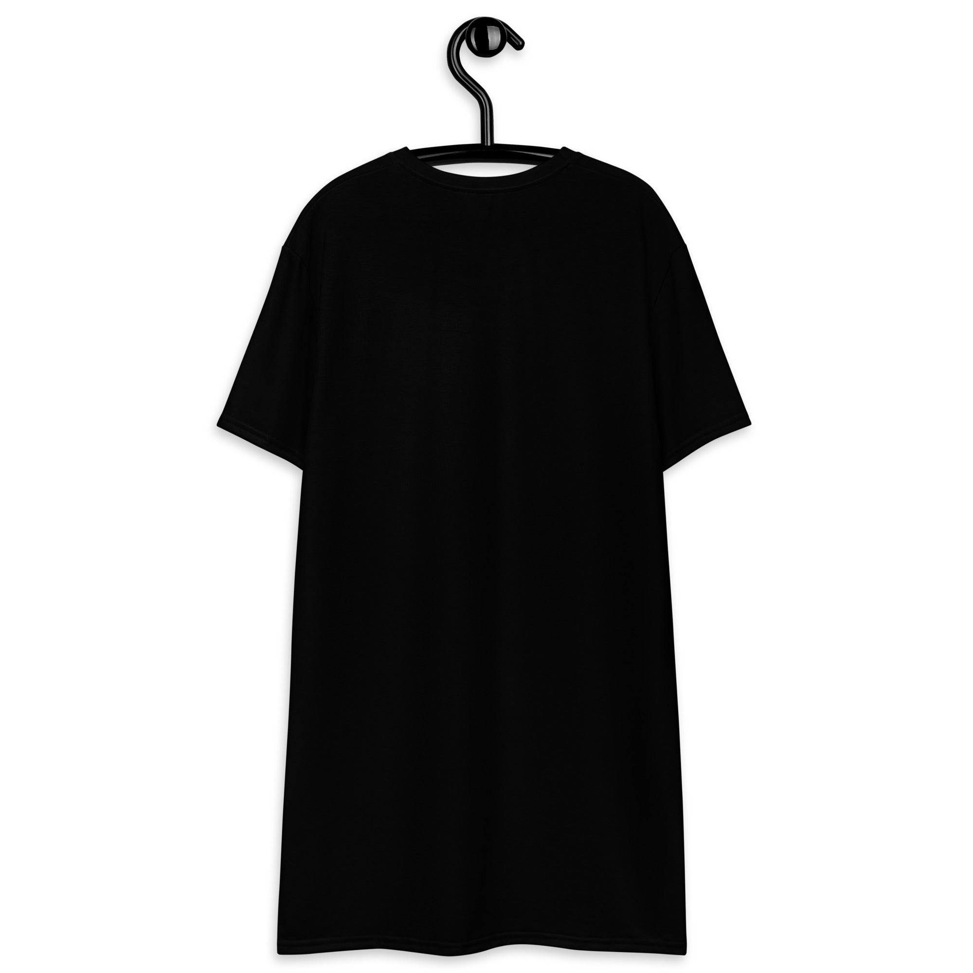 Women’s black short-sleeved t-shirt dress hanging on a hanger made of soft cotton material