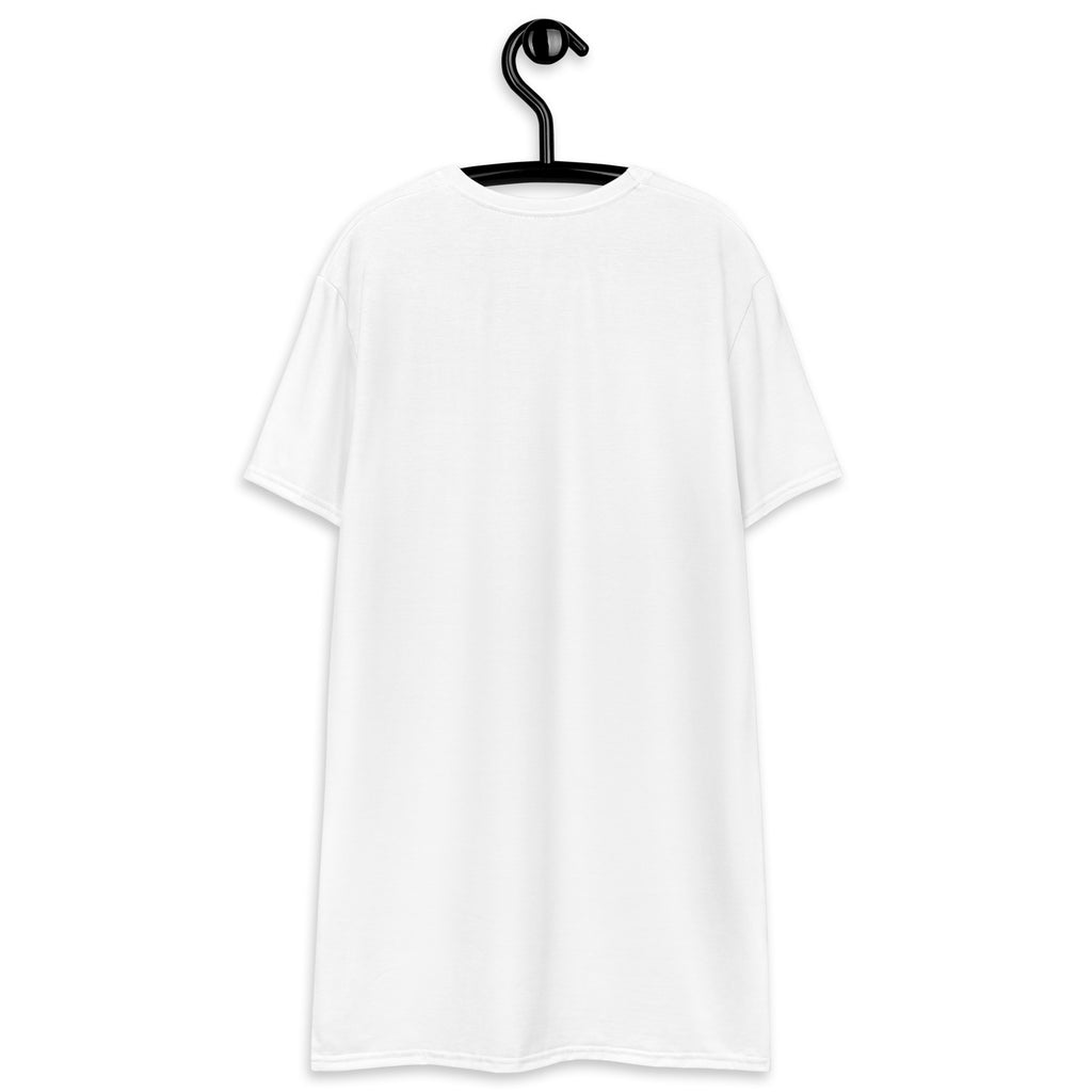 White cotton women’s t-shirt dress with simple crew neck and short sleeves hanging on a black hanger