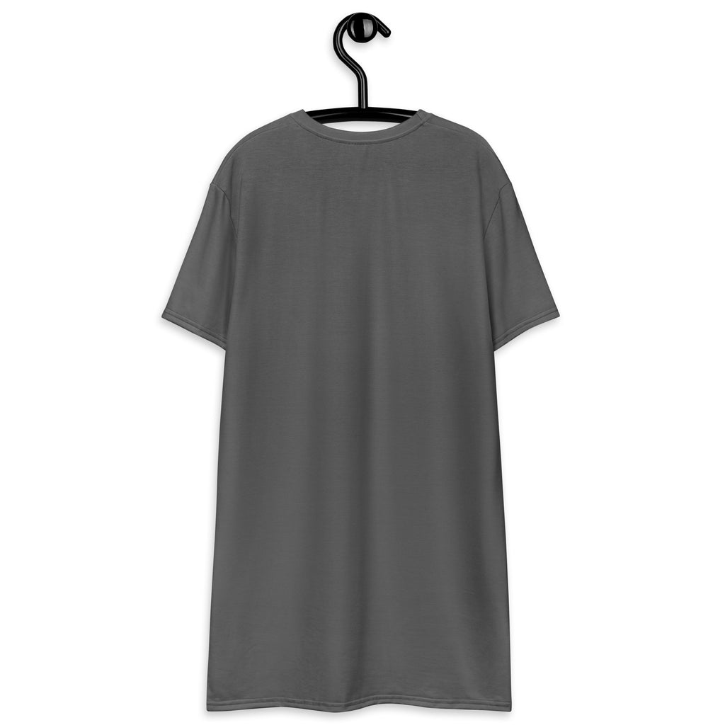 A plain dark gray short-sleeved women’s t-shirt dress hanging on a black hanger showing the front side