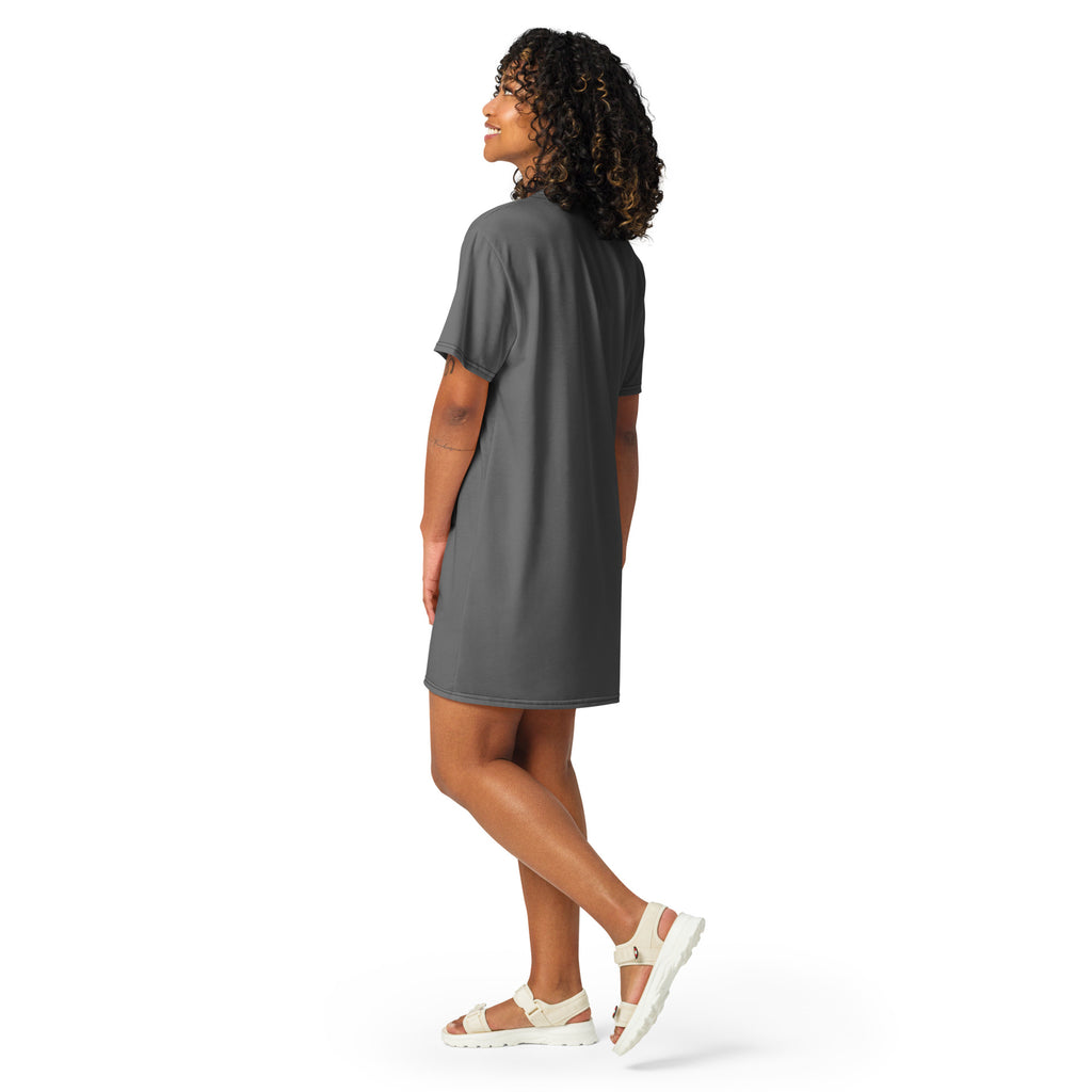 Women’s gray t-shirt dress with relaxed fit short sleeves and straight hemline in soft breathable fabric