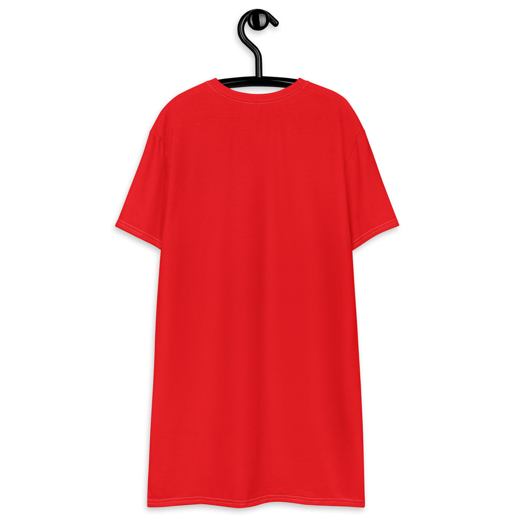 Women’s red t-shirt dress with short sleeves hanging on a black hanger showcasing the front side