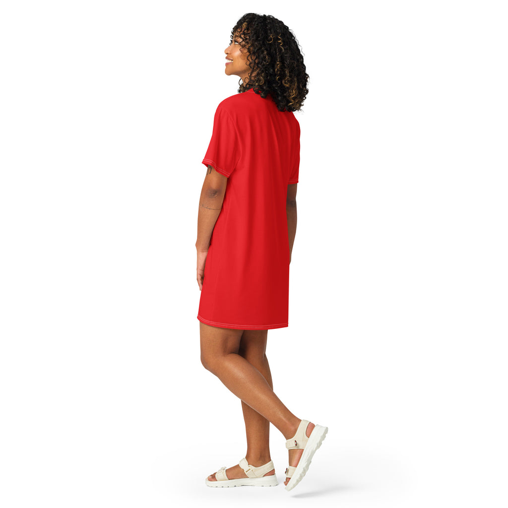 A vibrant red women’s t-shirt dress with short sleeves relaxed fit and simple design perfect for casual wear