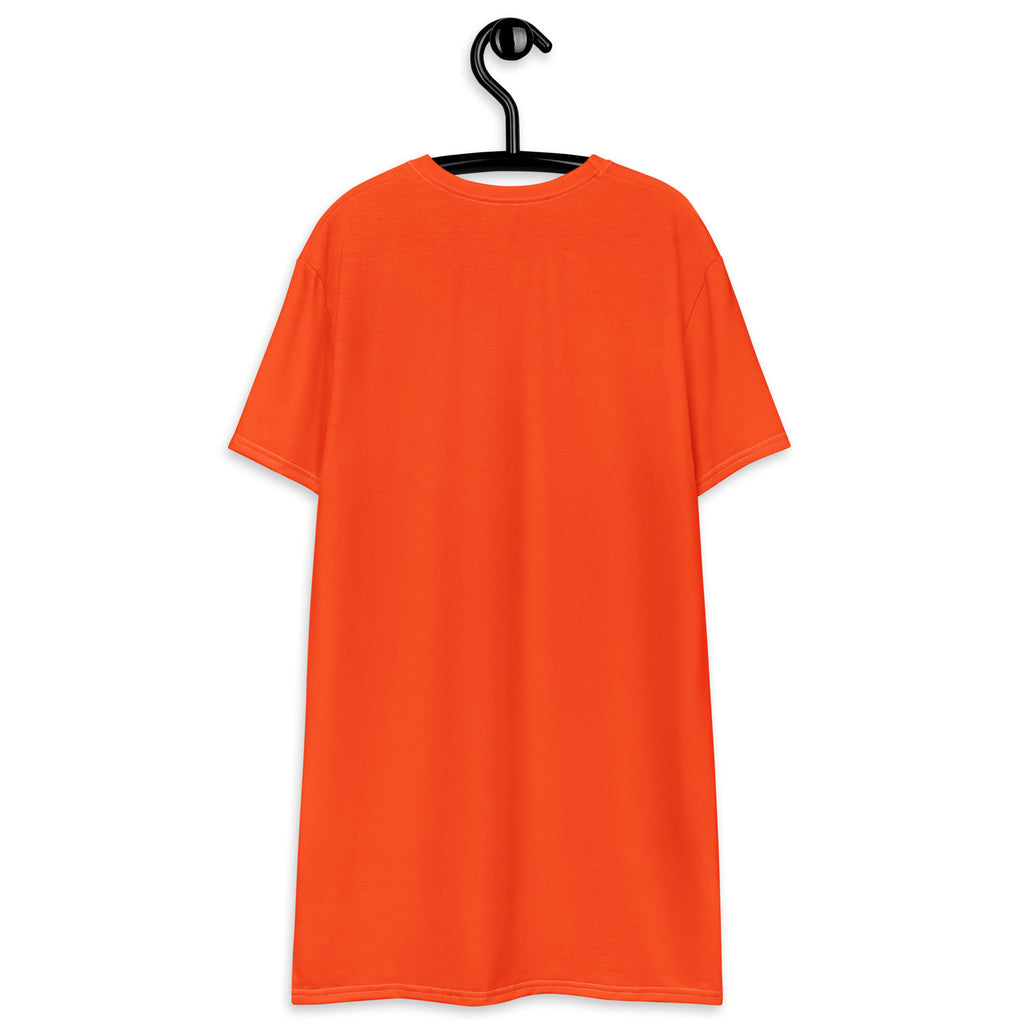 Bright orange women’s t-shirt dress with short sleeves and simple crew neck perfect for casual wear