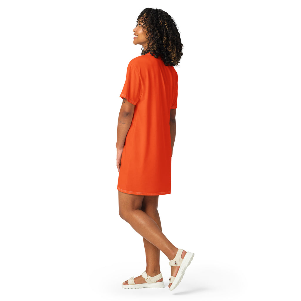 A vibrant orange women’s t-shirt dress with short sleeves relaxed fit and rounded neckline perfect for casual wear
