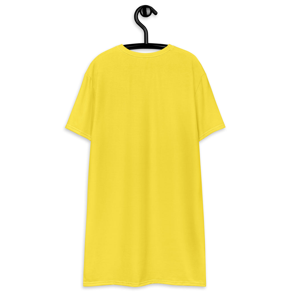 Women’s bright yellow short-sleeved t-shirt dress hanging on a black hanger showing front side