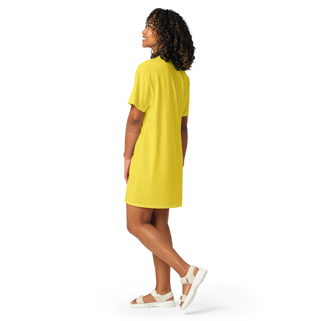A vibrant yellow women’s t-shirt dress with short sleeves, relaxed fit, and rounded neckline