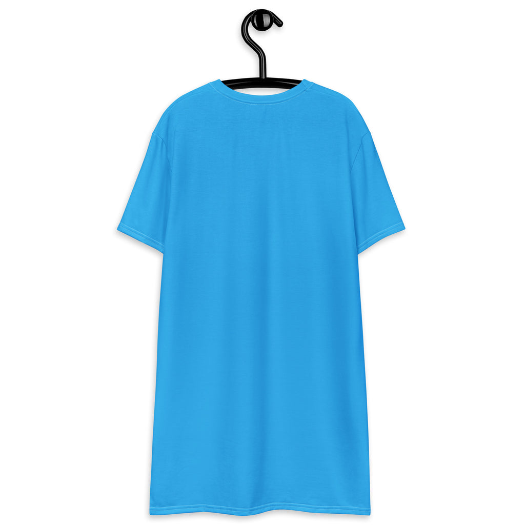 Women’s sky blue short-sleeved t-shirt dress hanging on a black hanger in bright blue cotton fabric