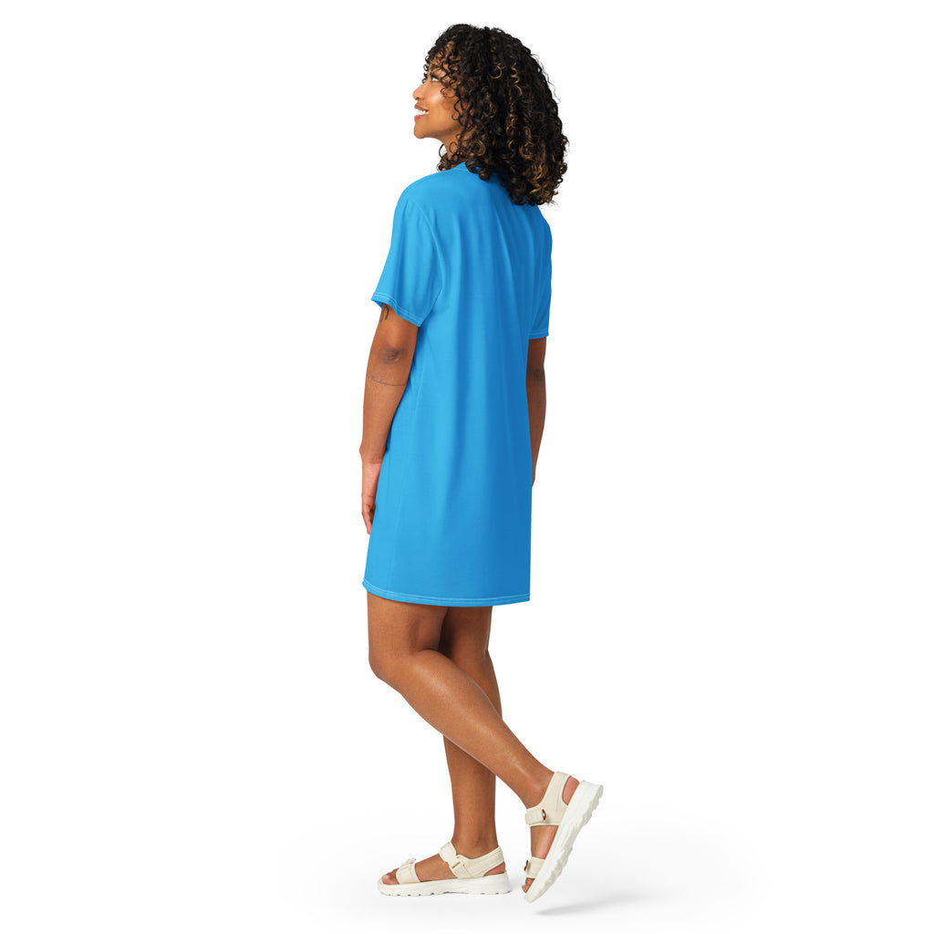 A vibrant sky blue short-sleeved t-shirt dress with a relaxed fit and rounded neckline for women