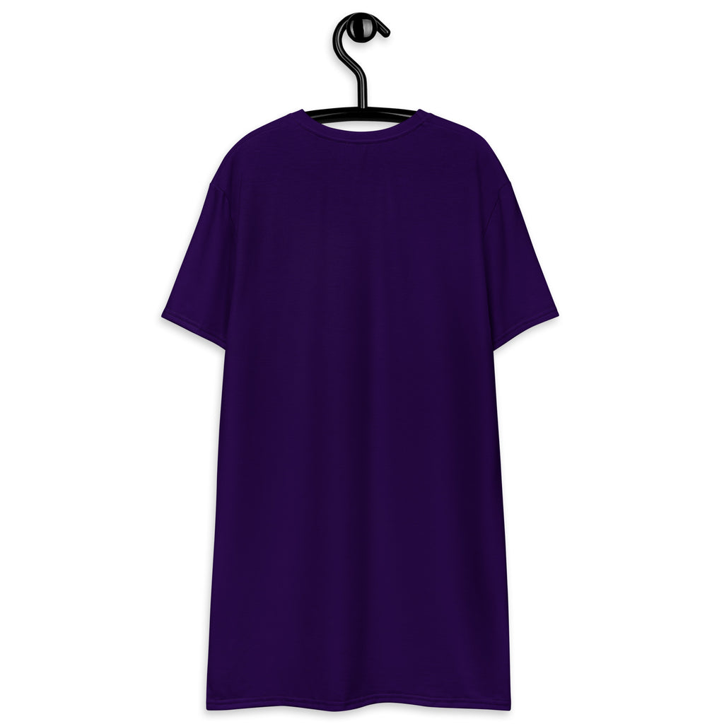 Women’s dark purple short-sleeved t-shirt dress hanging on a black hanger solid deep purple color