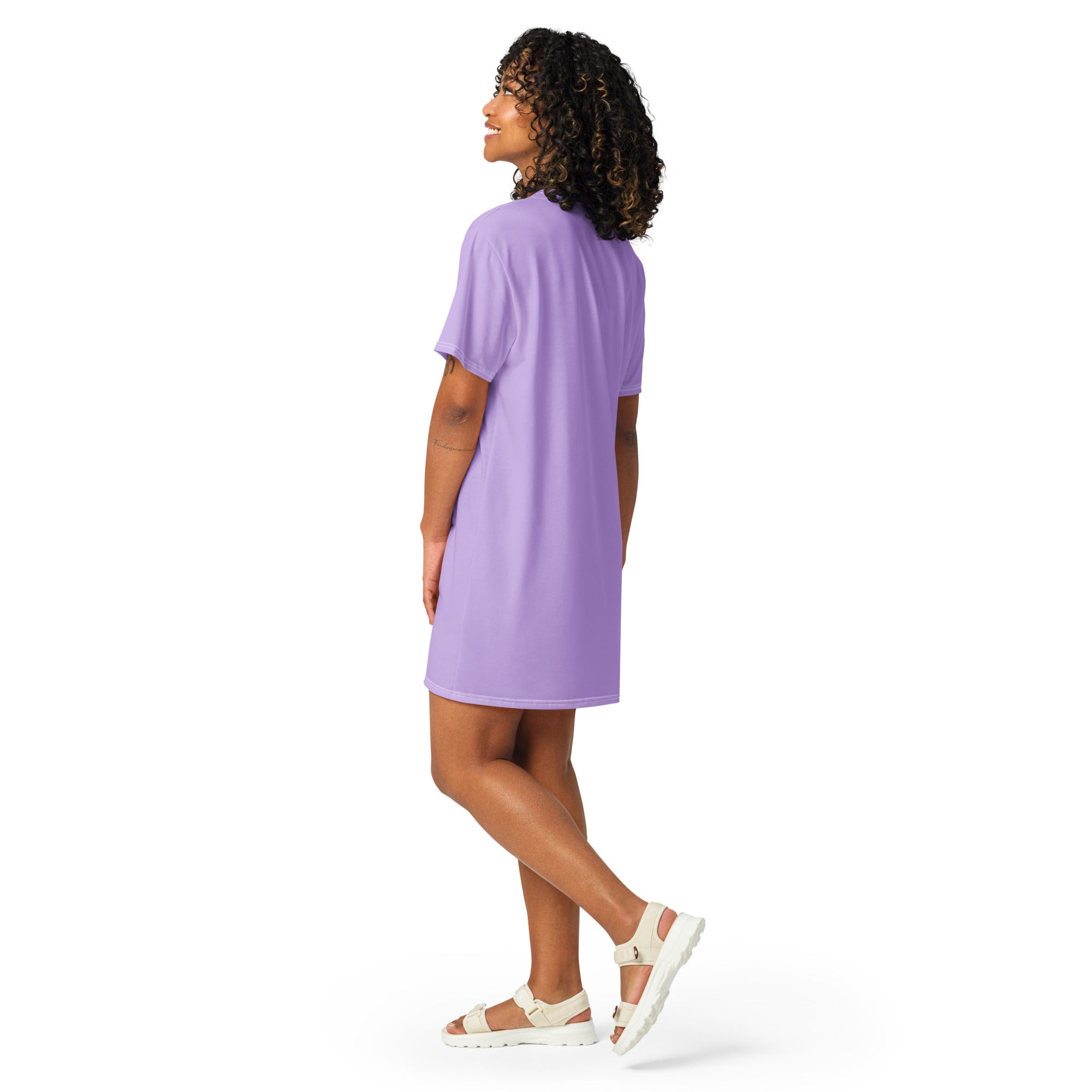 Women’s lavender purple t-shirt dress with soft fabric short sleeves relaxed fit and rounded neckline front view