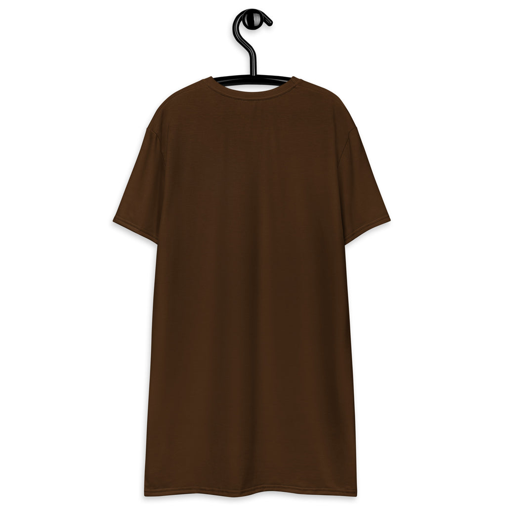 Women’s brown t-shirt dress with solid color short sleeves and simple crew neck design