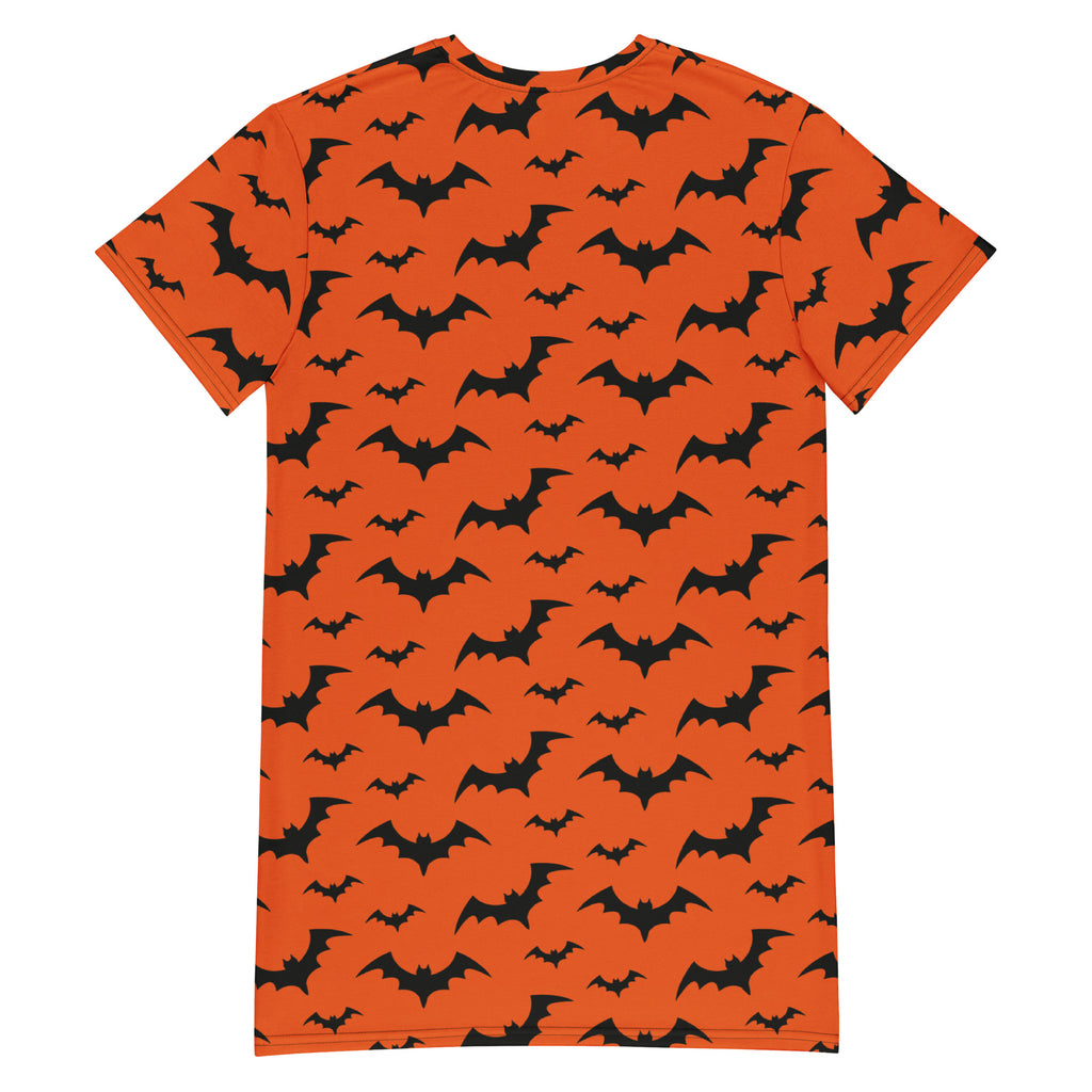 Women’s orange short-sleeved t-shirt dress with black bat pattern perfect for halloween festivities
