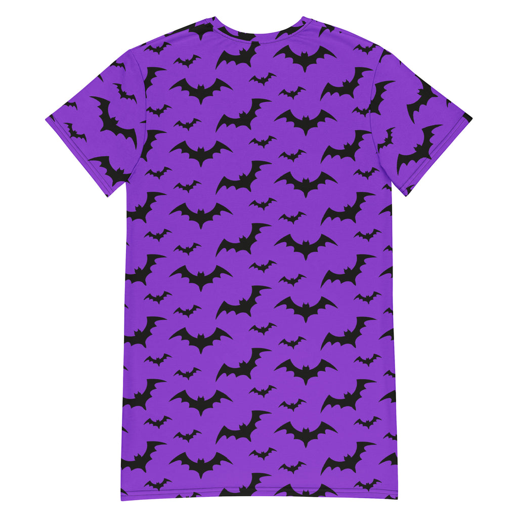 Women’s purple short-sleeved t-shirt dress with black bat silhouette pattern perfect for halloween wear