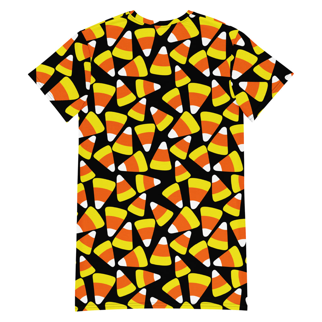 Women’s black short-sleeved t-shirt dress with vibrant all-over candy corn print in orange yellow and white