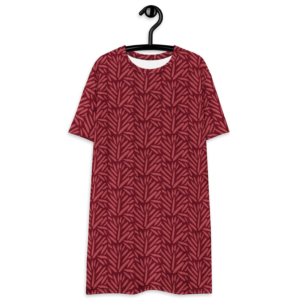 Women’s maroon short-sleeved t-shirt dress with a repeating pattern of stylized leaf motifs in varying red shades