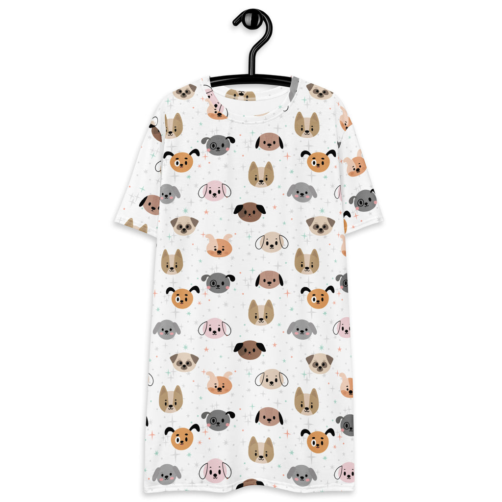 White women’s short-sleeved t-shirt dress with playful multicolored cartoon dog face pattern