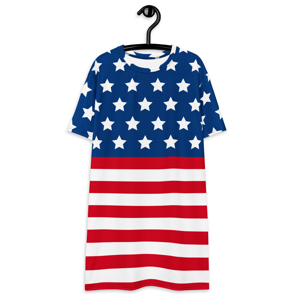 Women’s American Flag T-shirt dress with short sleeves featuring blue fabric white stars and red and white stripes full print