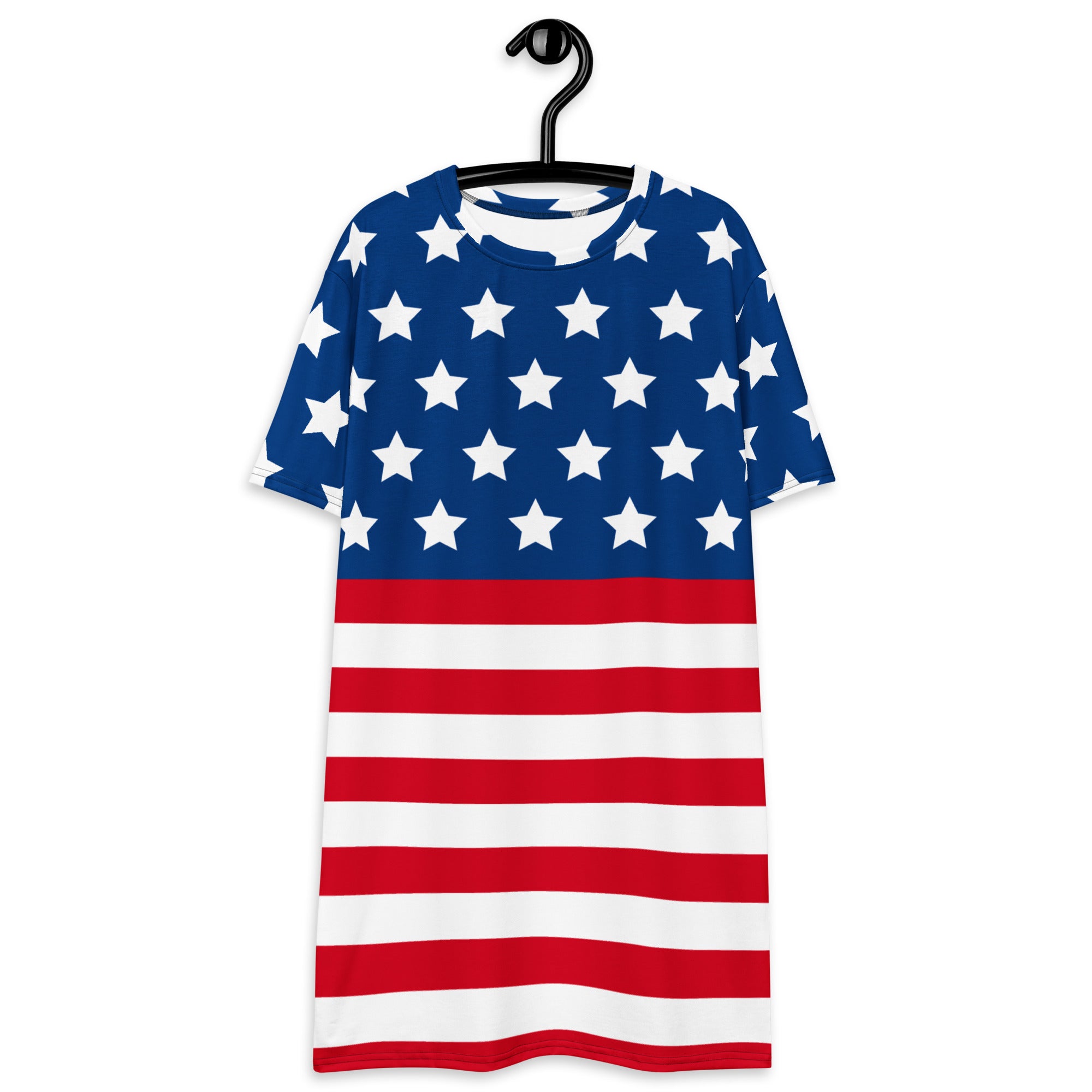 Women’s American Flag T-shirt dress with short sleeves featuring blue fabric white stars and red and white stripes full print