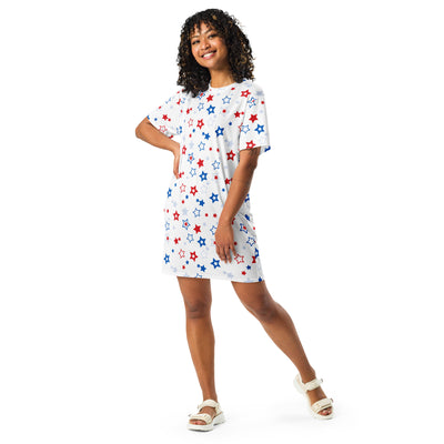 White short-sleeved dress with red and blue star pattern perfect for casual usa-themed wear