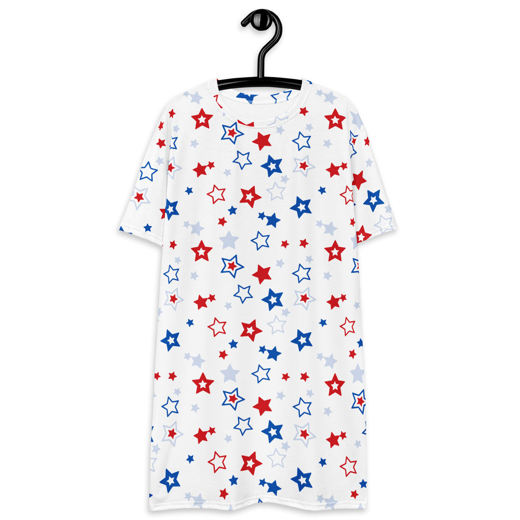 Women’s white t-shirt dress featuring red and blue star patterns in varying sizes for patriotic style