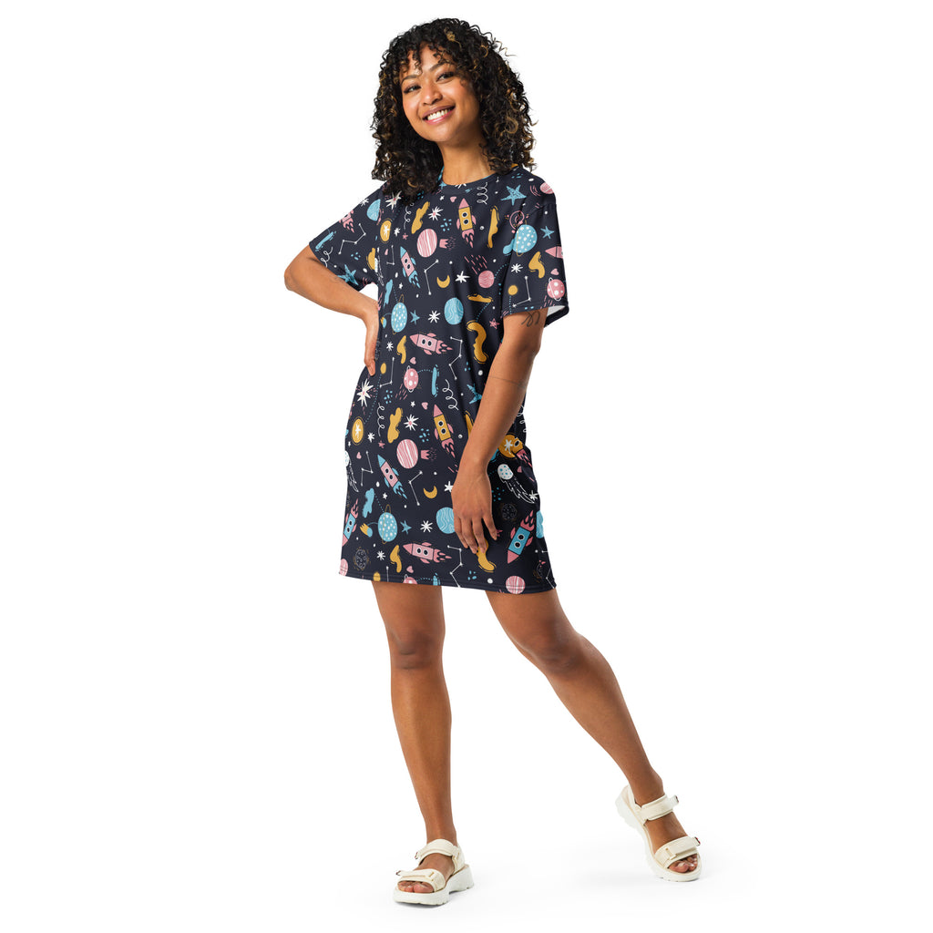 Women’s navy blue short-sleeved outer space t-shirt dress with pastel rockets planets and stars print