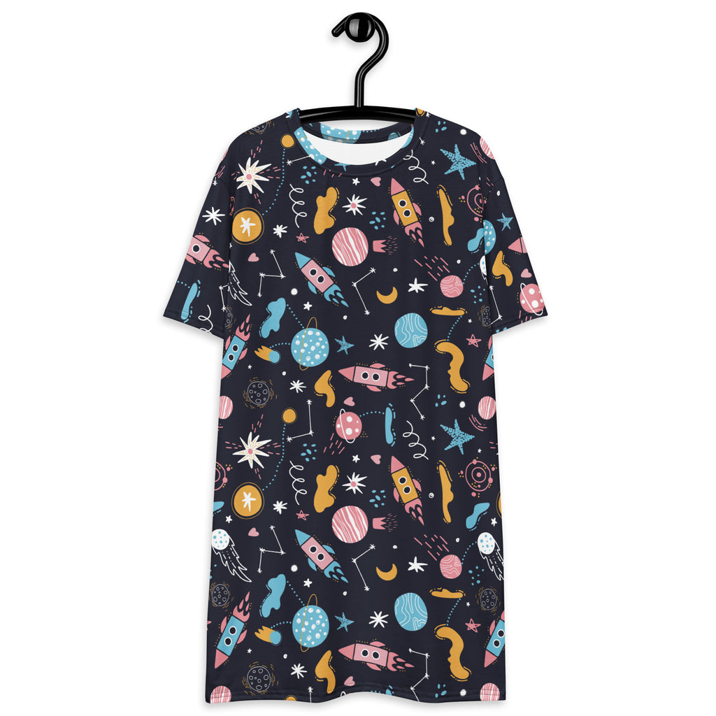 Women’s outer space t-shirt dress black short-sleeved with vibrant pastel rockets planets stars and moons print