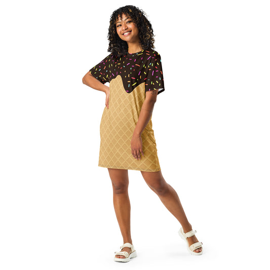Woman wearing a dress with colorful sprinkles on a white background