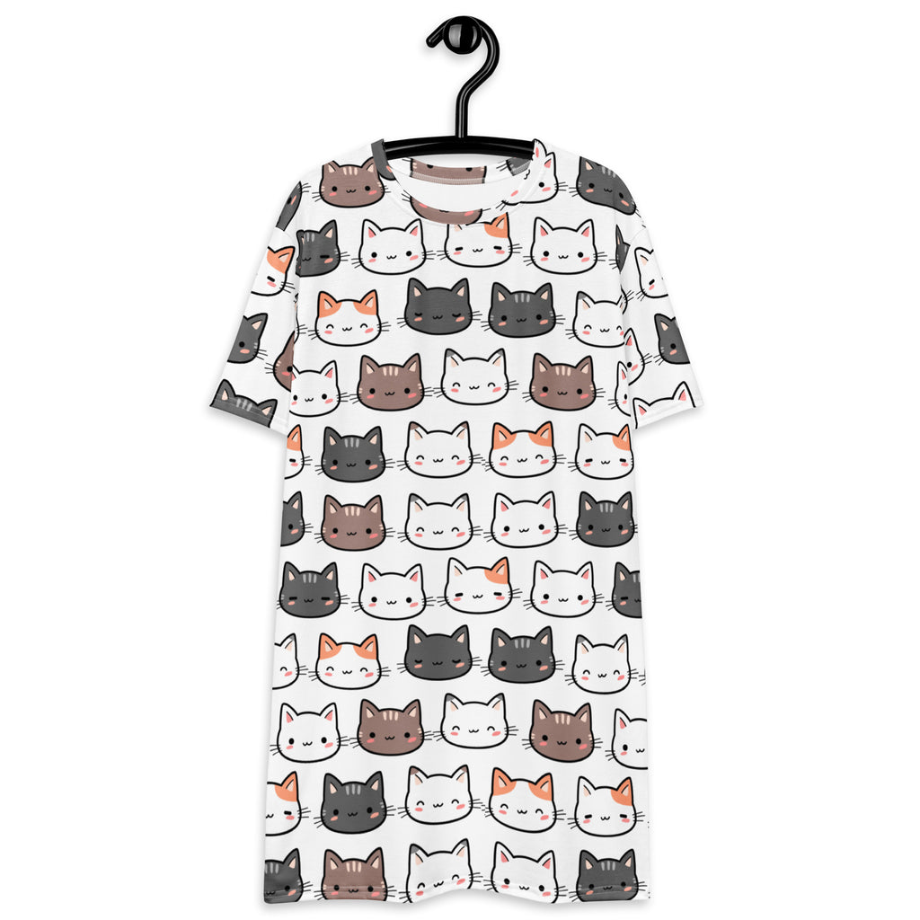 White short-sleeved women’s cute cat t-shirt dress with playful multicolor cartoon cat face pattern